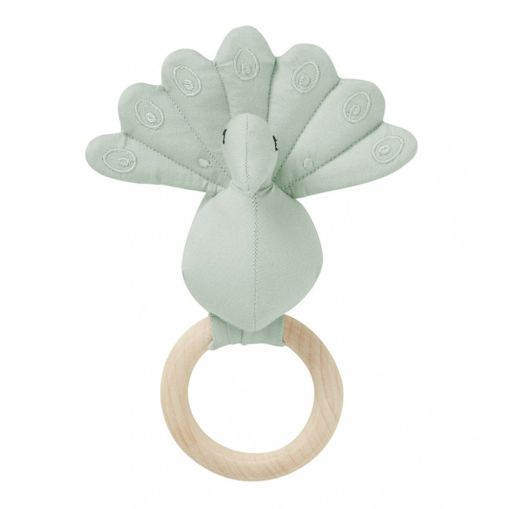 Cam Cam Rassel, Pfau, mit Holzring aus Ahorn - Dusty Green Cam Cam Rassel, Pfau, mit Holzring aus Ahorn - Dusty Green