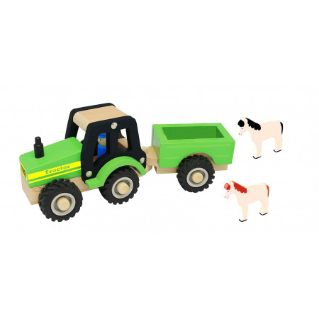Magni Traktor mit Anhänger und Tieren aus Holz